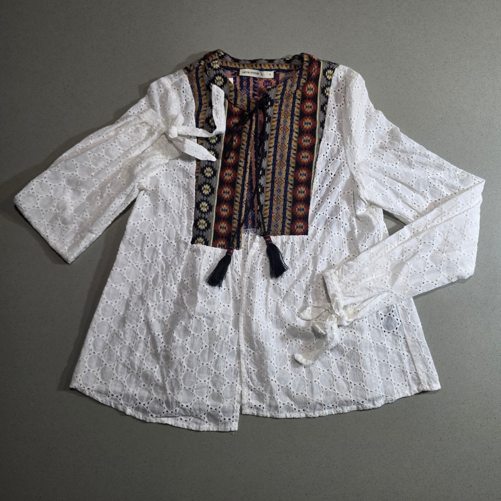 Catch Stitch White Eyelet Tapestry Bib Blouse Tassel Tie Boho Top S CS1203F